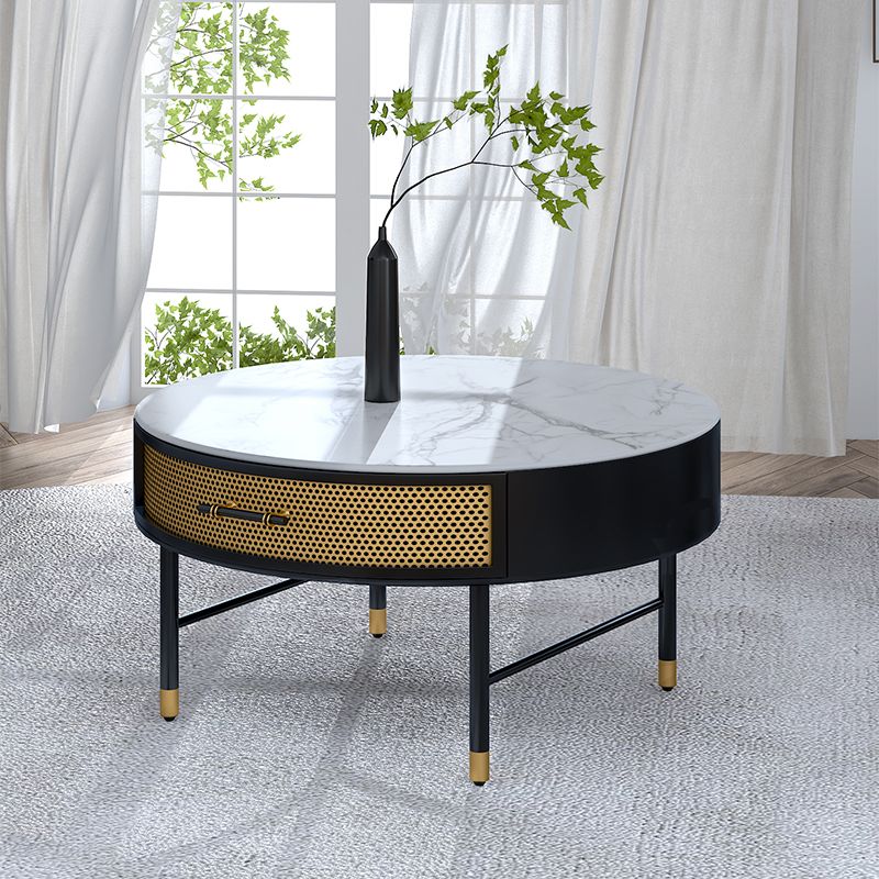 17"H Glam Cocktail Table Storage Round 4 Legs Stone Coffee Table