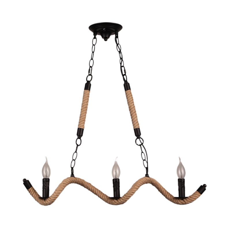 3-Light Candle Island Lamp Vintage Black Rope Pendant Light Fixture for Dining Room