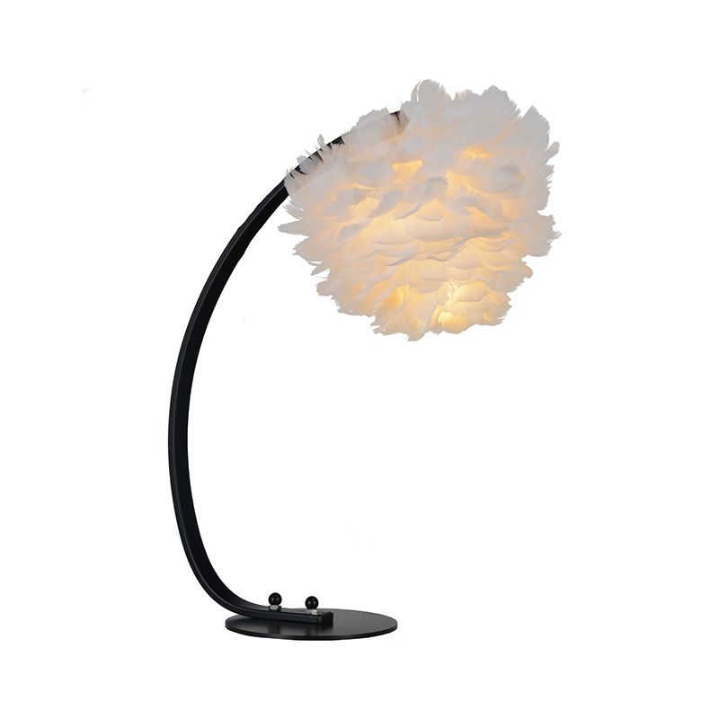 Dome/Tapered Shade Table Light Modern Feather Single Black/Pink/Cream Night Stand Lamp with Teardrop/Curved Rod/Tripod Base