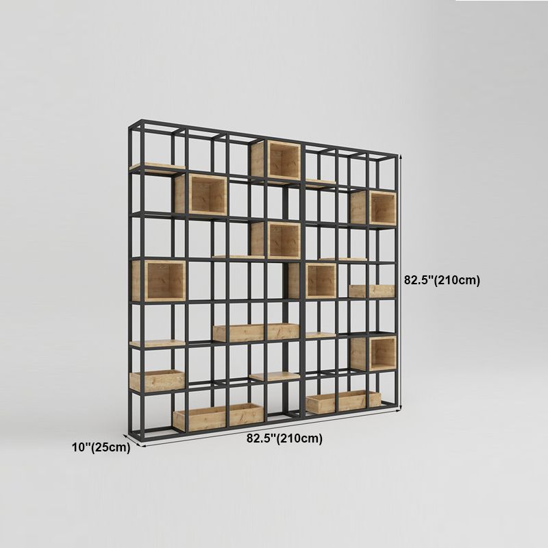 Modern Open Etagere Bookshelf with Black Iron Frame Pine Wood Shelf