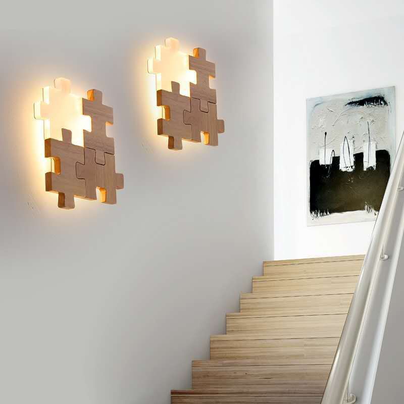 Creative Puzzles-shaped LED Wall Lamp Nordic Minimalism Rubber Wood Home Decorative Sconce Lights for Bedroom