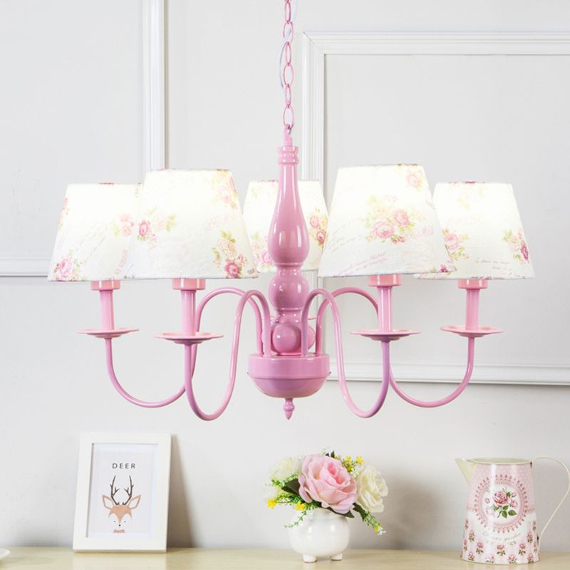5 Bulbs Blossom Hanging Lamp with Fabric Shade Kids Metal Chandelier in Pink for Kindergarten