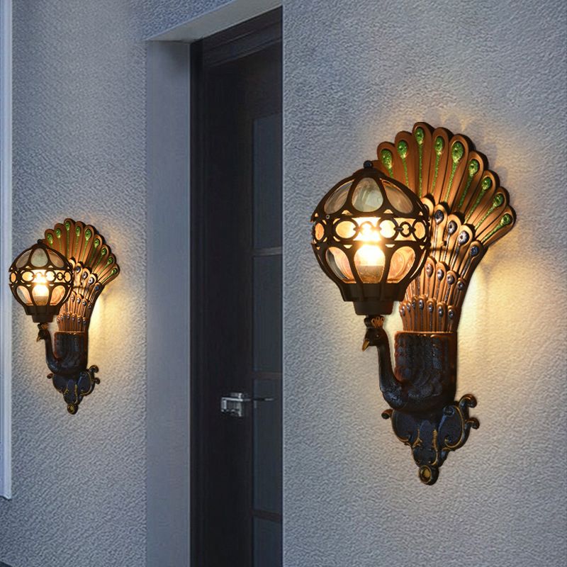 Clear Glass Sphere Wall Light Classic 1 Head Courtyard Wall Lighting Fixture with Peacock Backplate in Black