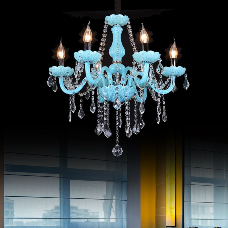 Blue Candle-Style Curved Arm Chandelier Clear Crystal Strands Ceiling Light