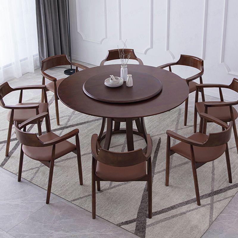 Rotatable Wooden Round Table in Brown Rubber Wood Dining Table with Pedestal