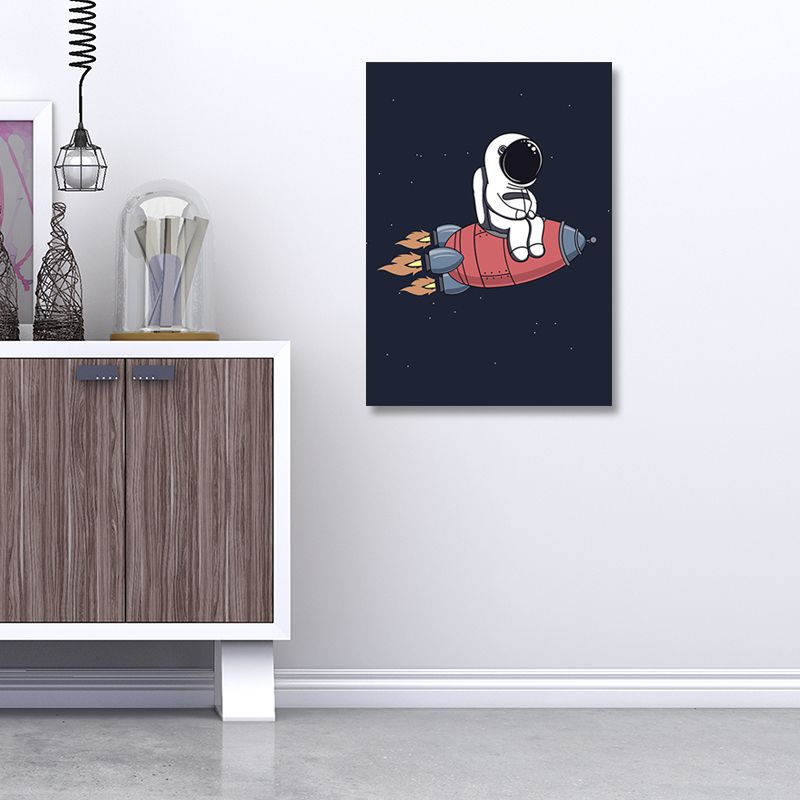 Universe Astronaut Wall Decor Cartoon Canvas Art Print in Dark Color for Kids Room