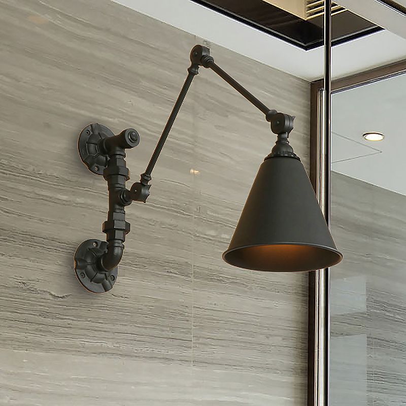 1 Bulb Swing Arm Wall Sconce Lighting Industrial Black Metal Wall Mount Light with Cone Shade