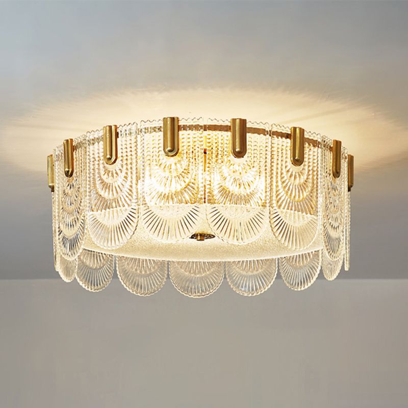 Gold Metal Flush Mount Light Armaturen Traditionele Drum Slaapkamer Flush Plafond Lampen met Glas Shade