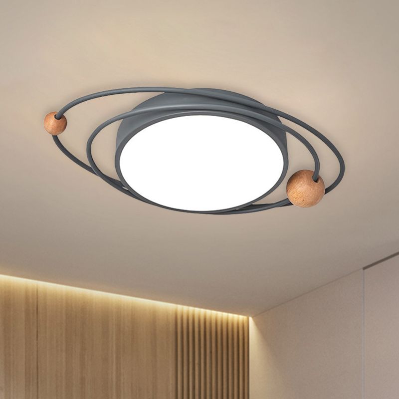 Acrylic Ring Ceiling Light Nordic LED Flush Mount Lighting Fixture with Wood Ball in Grey/White/Blue