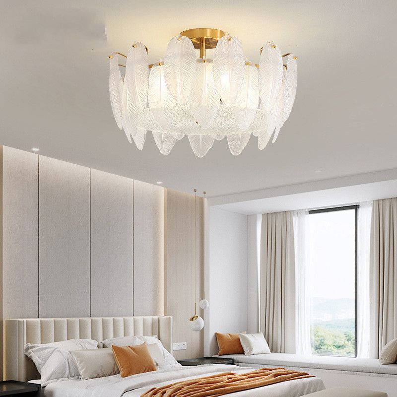 Nordic Ceiling Light Feather-shaped Glass Shade Flush Mount Light Fixture
