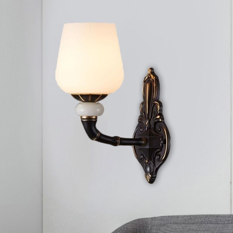 Cup-Like Bedside Sconce Lamp Retro Style Milky Glass 1/2-Bulb Black and Gold Wall Mount Light Fixture