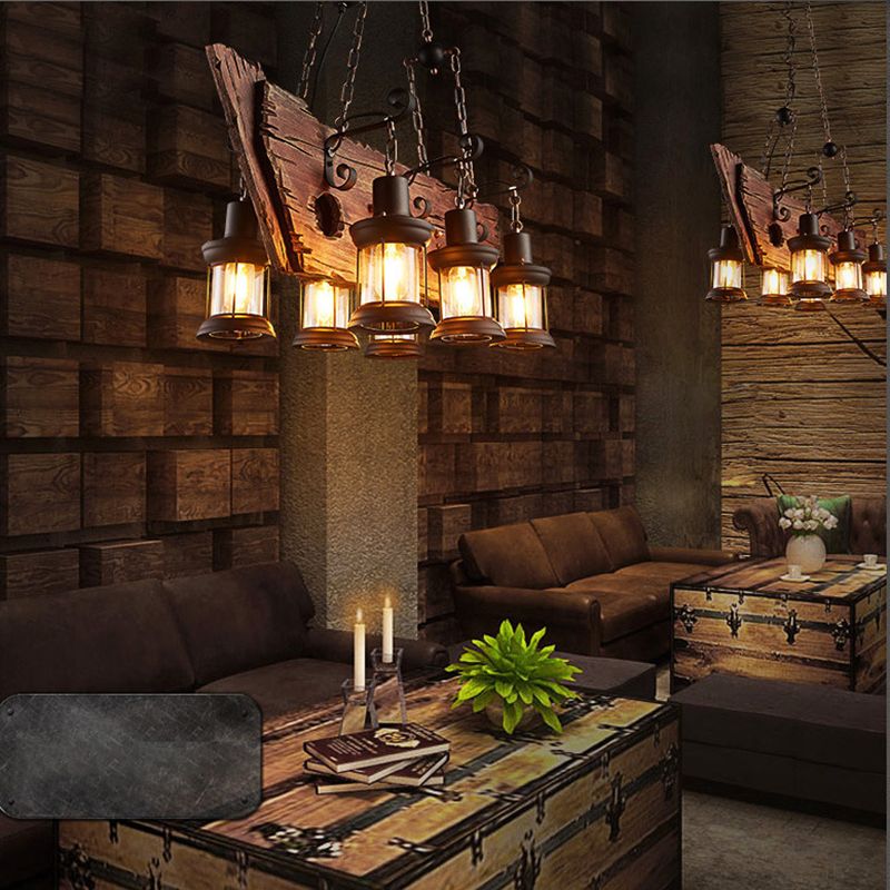 Ceiling Hanging Light Fixture Vintage Shaded Wood Ceiling Pendant Chandelier in Black