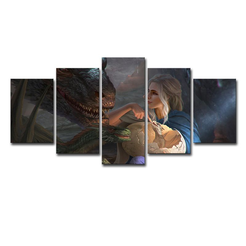 Multi-Piece Blue Wall Art Kids Digital Print Khaleesi and Her Dragon Wall Decor for Room