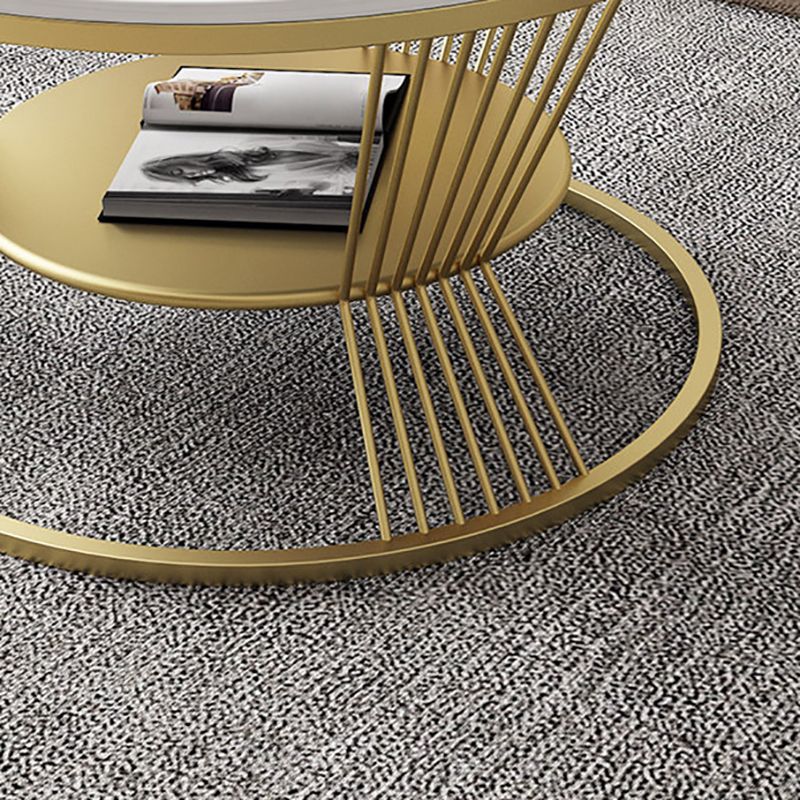 Glam Round Stone Top Coffee Table with Steel Shelf and Frame Base
