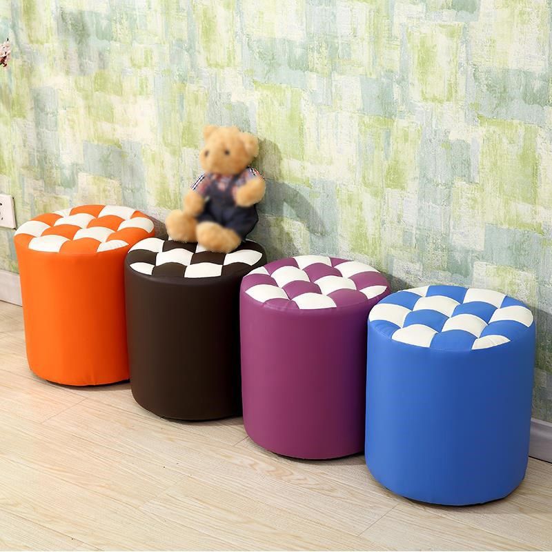 Contemporary Pouf Ottoman Faux Leather Upholstered Tufted Square Pattern Round Ottoman