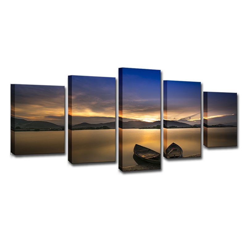 Light Yellow Modern Canvas Print Stranded Boats on the Lake Sunset View Wall Art for Home