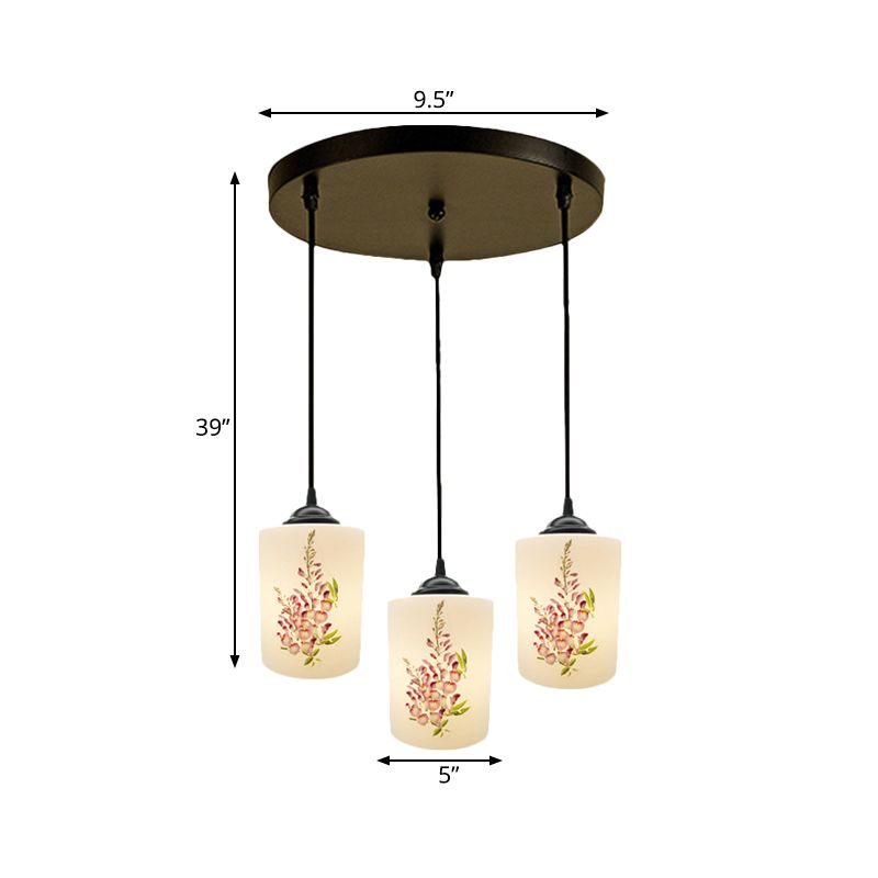Witdruk Glas Zwart Multi Pendant Lamp Cilinder 3-Licht eetkamer Suspensie Licht met ronde/lineaire luifel