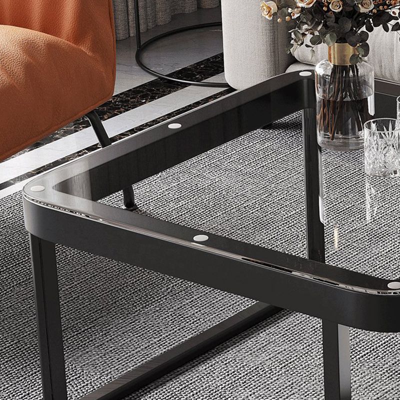 Coffee Table with a Black Frame Base Made of Glass and Rock Sheet and a Square Top