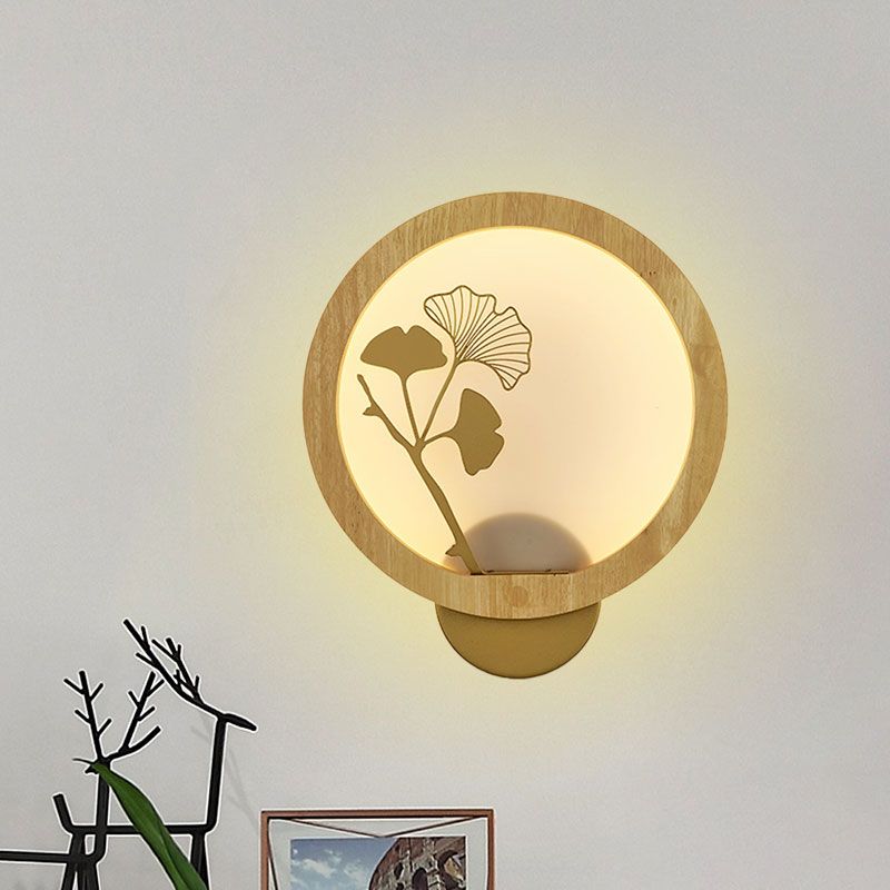 Aziatische stijl Ginkgo Biloba Led Mural Light Wood Family Room Wandverlichting in zwart/beige