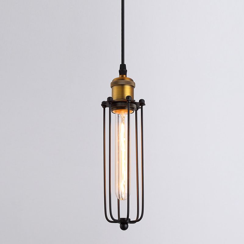 Vintage Industrial Cylindrical Wire Cage Pendant Light Black Metal Suspension Light for Living Room