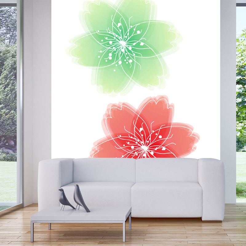 Illustration Florals Murals Wallpaper for Accent Wall, Red and Green, Personalised Size