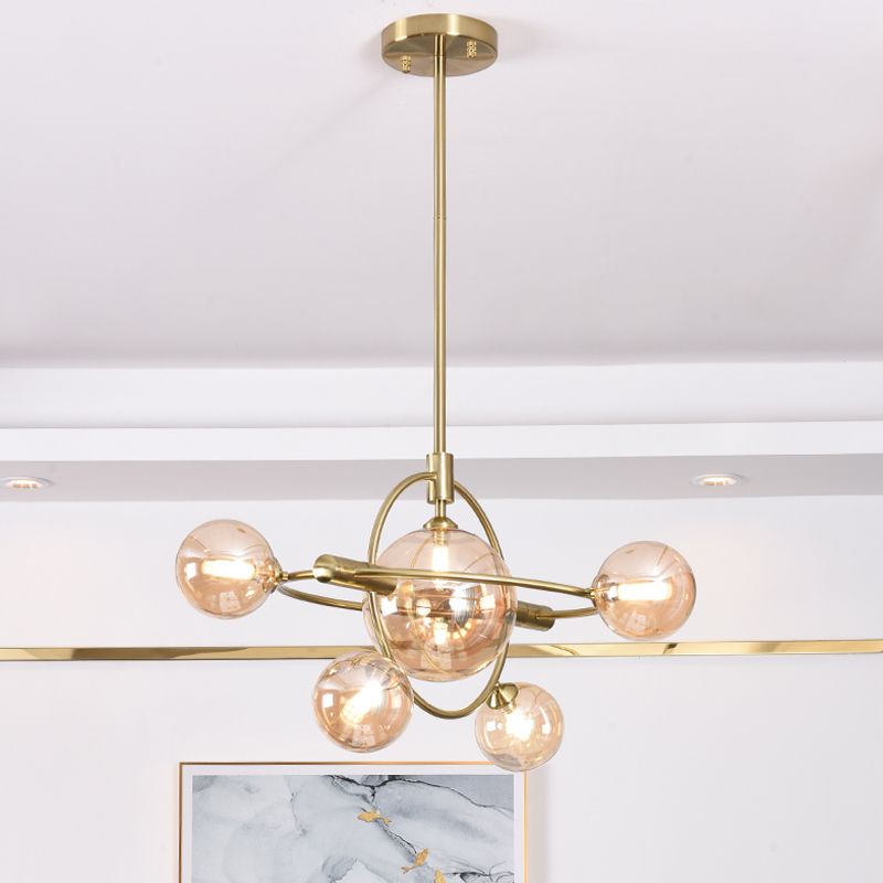 Modernist Sphere Chandelier Lighting Amber Glass 6 Heads Dining Room Ceiling Suspension Lamp