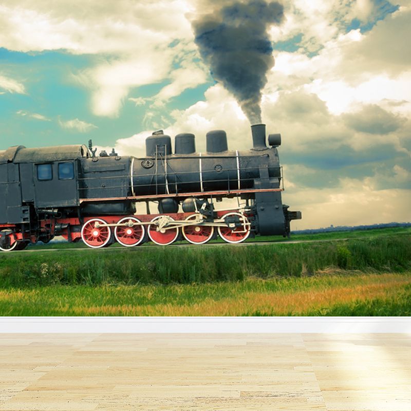 Non-Woven Texture Decorative Mural Decal Steampunk Onrushing Train Wall Covering