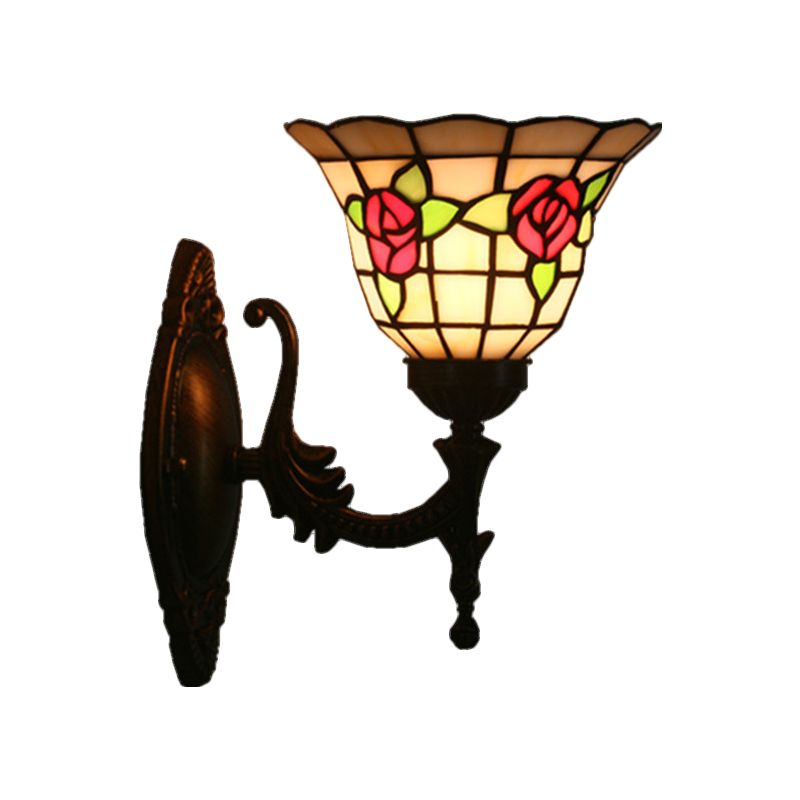 Flared Wall Light Sconce 1 Bulb Stained Glass Tiffany Style Wall Mounted Lamp in Red/Pink/Blue with Floral Pattern