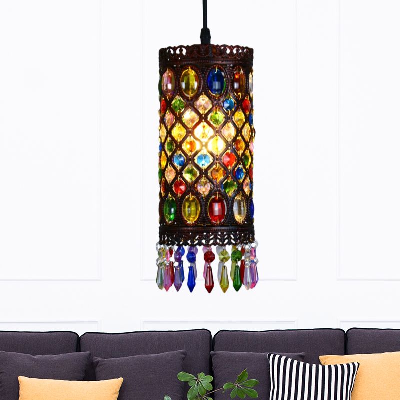 Copper 1 Bulb Ceiling Hang Fixture Traditional Metal Cylinder Suspension Light for Restaurant