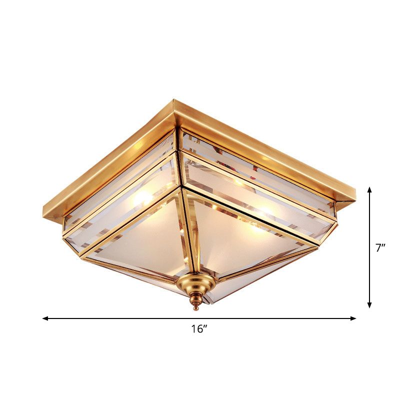 11.5"/16" W Brass 3 Lights Flush Ceiling Lamp Traditional Beveled Glass Square Flush Mount Lighting