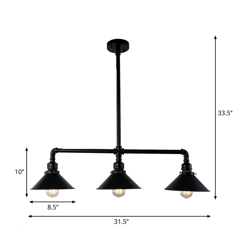 Black Conical Island Lighting Farmhouse Style 3 Bulbs Metallic Island Ceiling Light for Dining Room