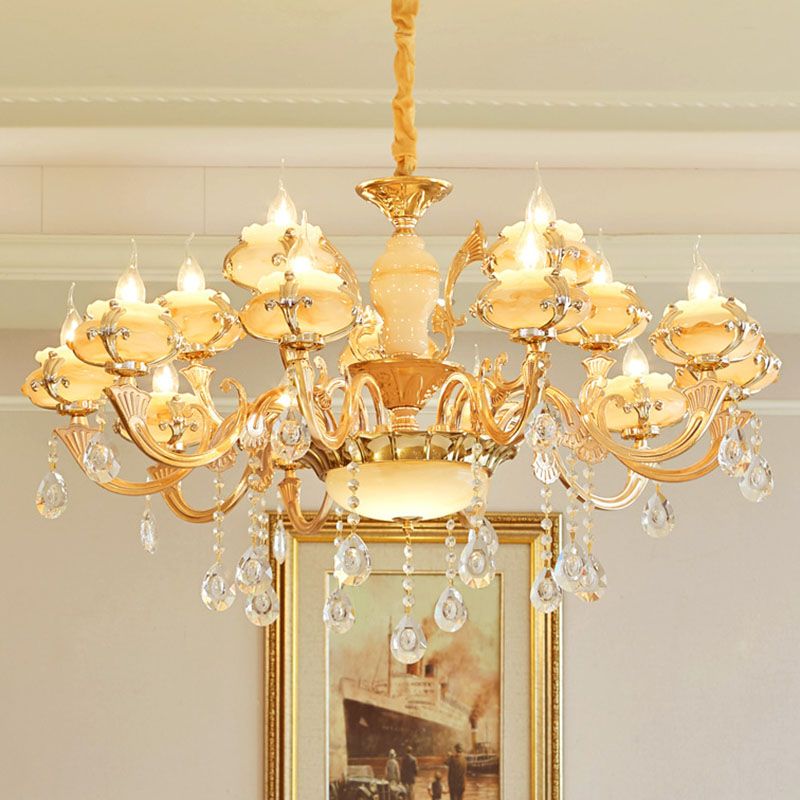 Floral Living Room Ceiling Pendant Rustic Jade Gold Chandelier Lighting Fixture with Crystal Draping