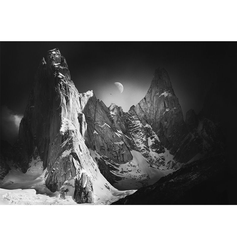 Moon Above Snow Mountain Mural Black-Grey-White Contemporary Wall Art for Living Room