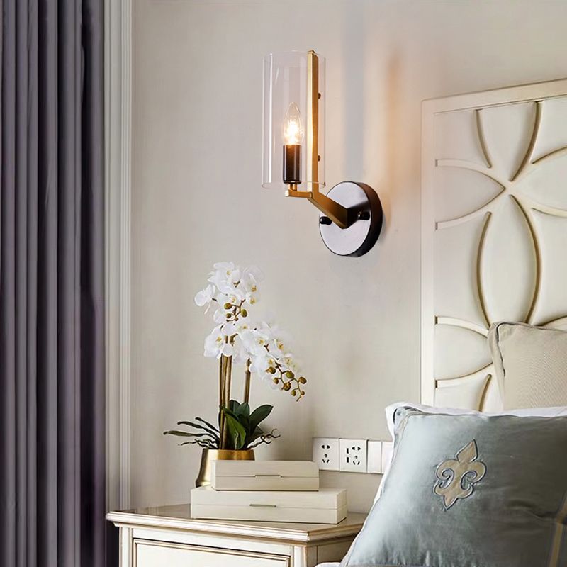 Traditional Candle Wall Mount Lighting Metal 1 Head Wall Mounted Lamp in Gold with Cylinder Clear Glass Shade
