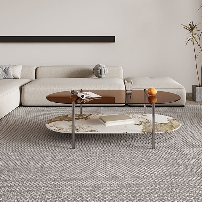 15.74" H Oval Glass Coffee Table Stainless Steel Sled Cocktail Table with Shelf