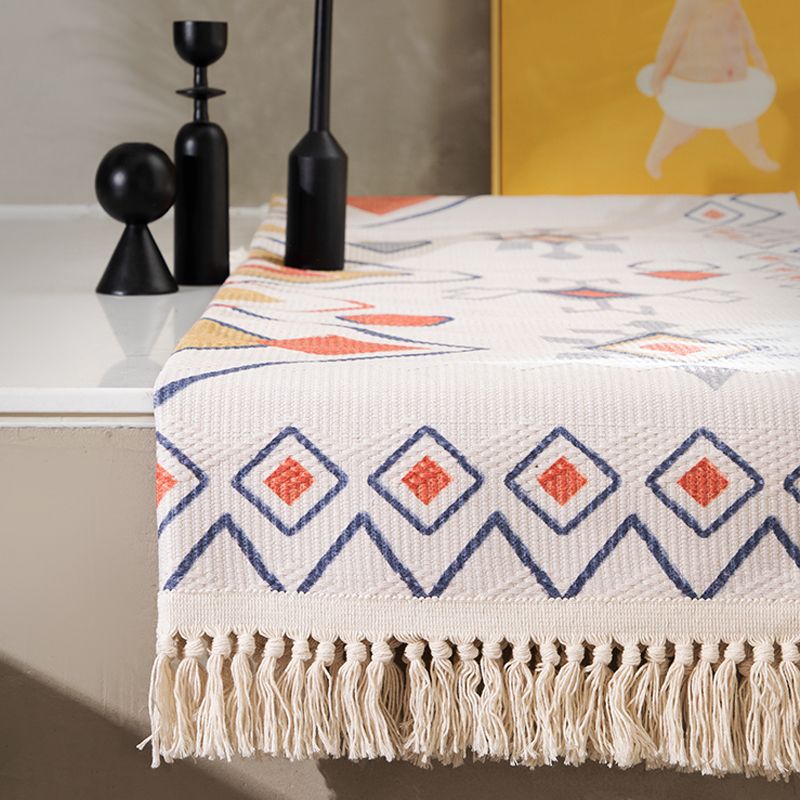 Boho Living Room Rug Multi-Color Geometric Pattern Carpet Flax Environmental Handmade Rug with Tassel