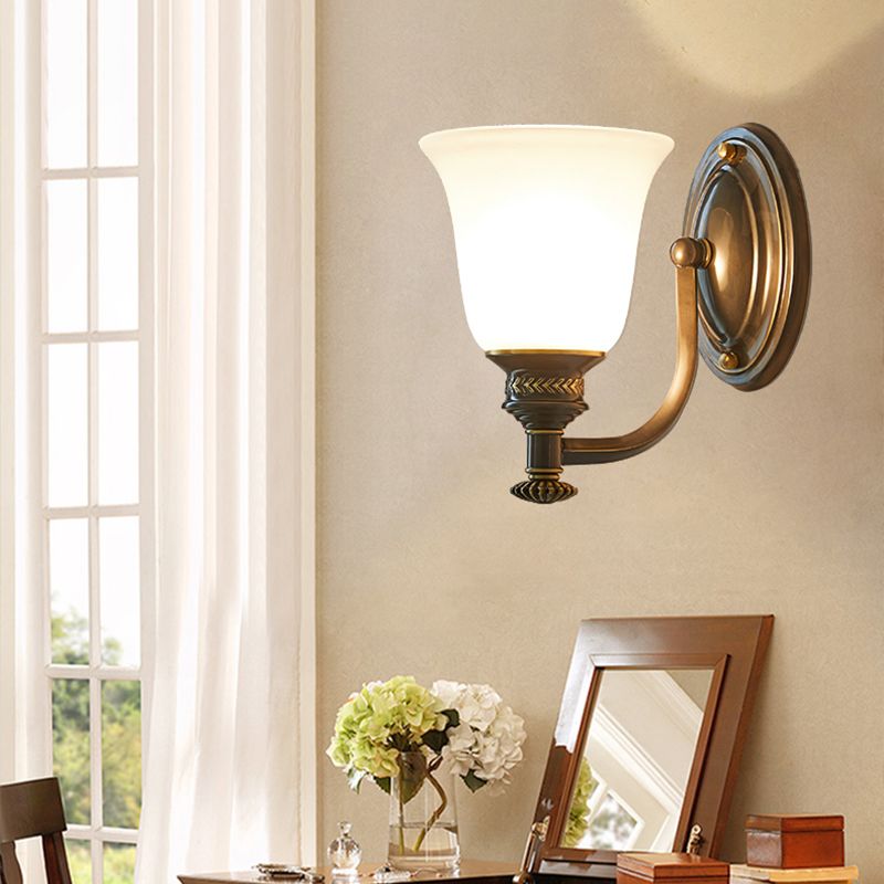 Brass Bell Wall Light Classic White Frost Glass Bedside Wall Mount Light Fixture