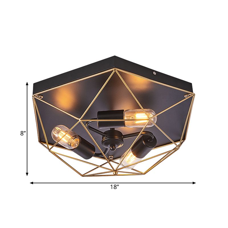 Prisma Cage Foyer Ceiling Light Traditionelle Stil Metall 3 Köpfe Schwarz Bündig Montierte Beleuchtung Halterung