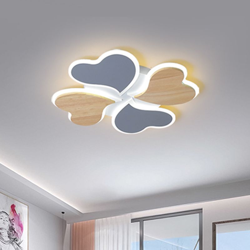 4-Leaf Clover Iron Ceiling Lighting Nordic Style Blue and Wood Flush Mount LED Light