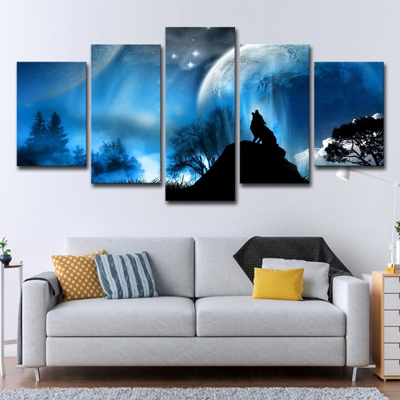 Multi-Piece Blue Canvas Art Kids Digital Print Wolf Howling at the Moon Wall Decor