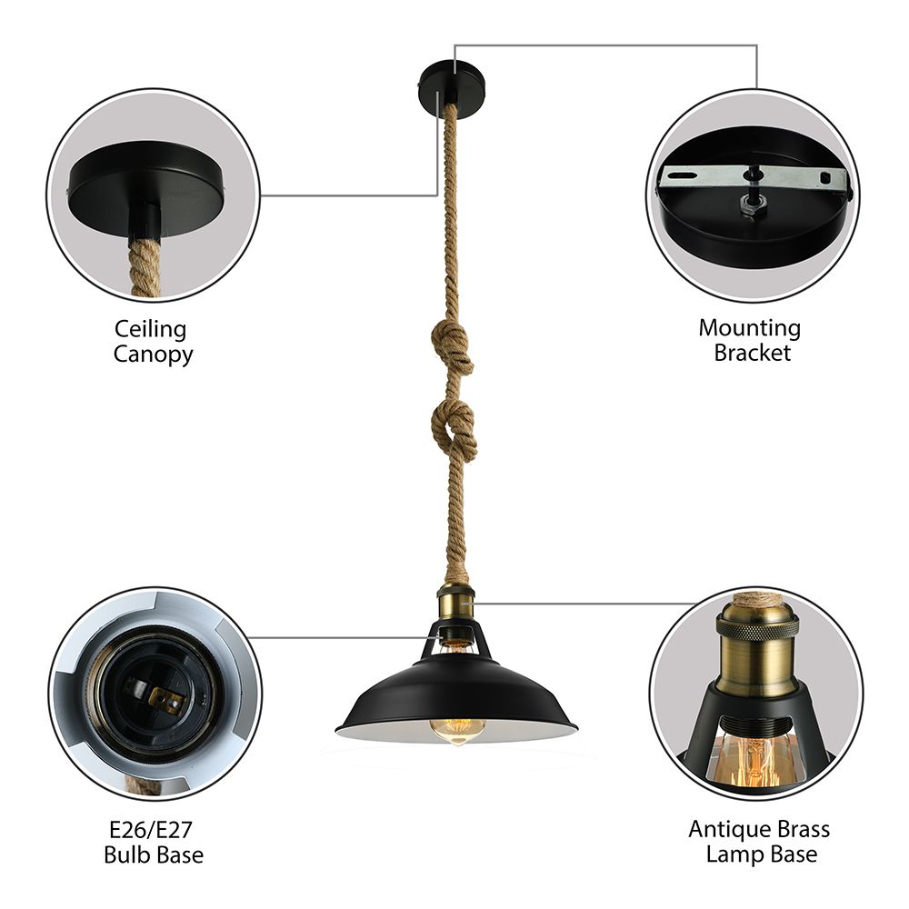 Barn Shade Living Room Pendant Lamp Industrial Style Metal 1 Light Black/White Ceiling Light Fixture with Hanging Rope