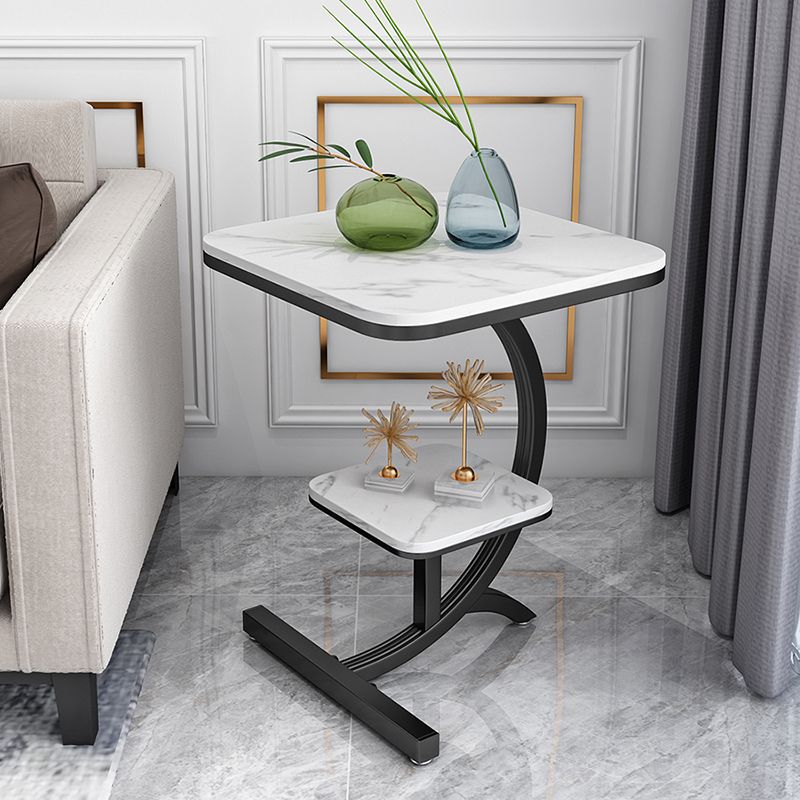 Double Tier Square Slate Top End Table Metal C Side Table for Living Room