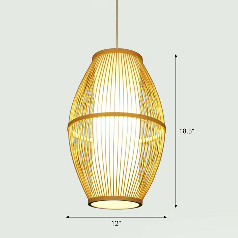Handcrafted Ceiling Light Chinese Style Bamboo Single Restaurant Hanging Pendant Light in Wood