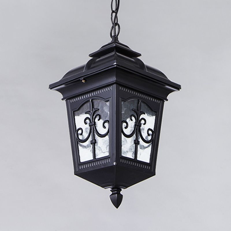 Clear Ripple Glass Black/Bronze Ceiling Lamp Lantern Shaped 1-Light Farmhouse Pendant Light Fixture for Patio
