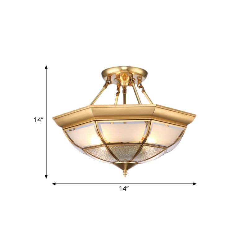 Brass 4 lumières Plafond semi-flush Colonialisme Colonialisme incurvé en verre givré Dôme Plafond Chandelier pour le salon, 14 "/ 16" W