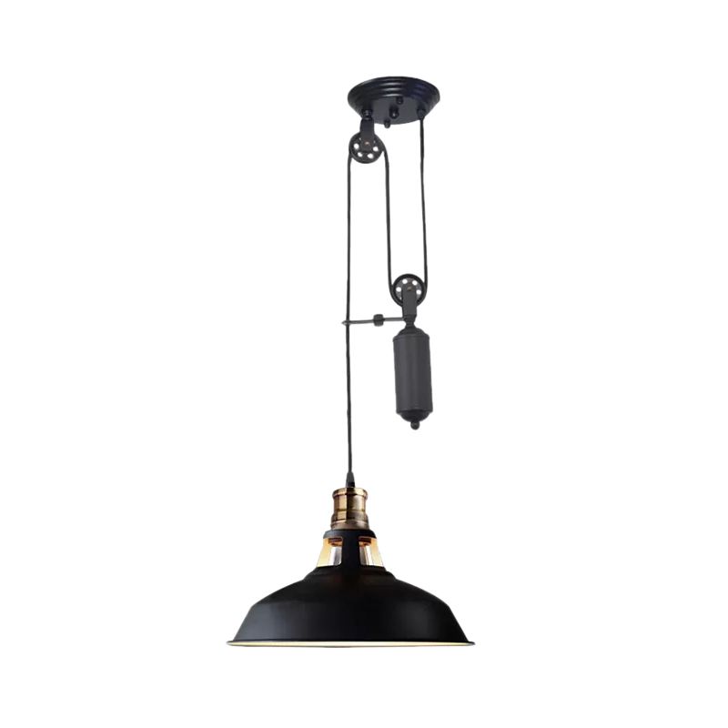 1 Light Barn Pendant Ceiling Lamp Farmhouse Style Black/Beige/Rust/White Metallic Hanging Light with Pulley for Bedroom