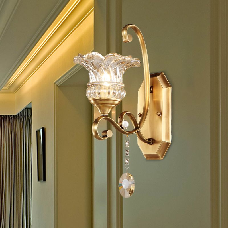 Flower Sconce Light Fixture Modern Clear Glass 1/2 Lights Brass Wall Lamp with Crystal Accent