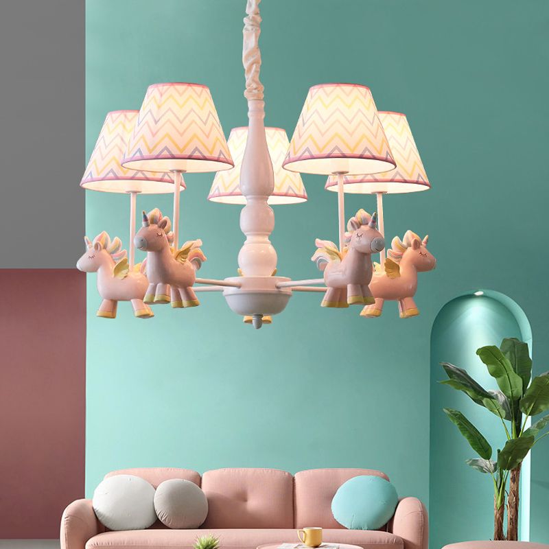 Tapered Shade Chandelier Kid Fabric 5 Bulbs Pink Pendant Light Fixture with Unicorn Figurine