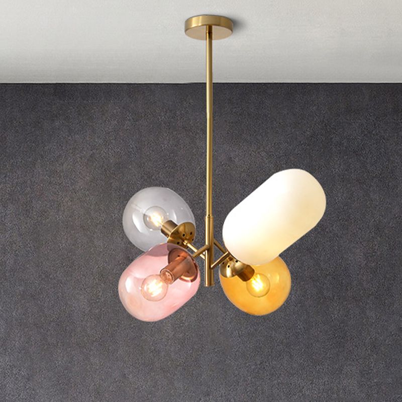 Gold Elliptical Hanging Chandelier Simple 4 Bulbs Multicolored Glass Pendant Lamp for Dining Room