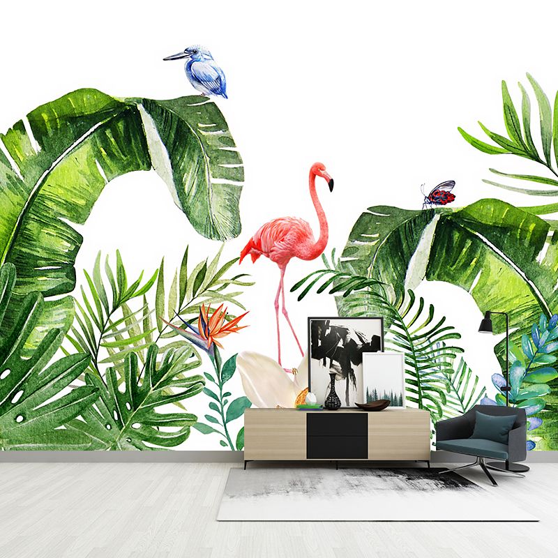 Tropics Plants Flamingo Murals Wallpaper Pink and Green Water Resistant Wall Art for Bedroom